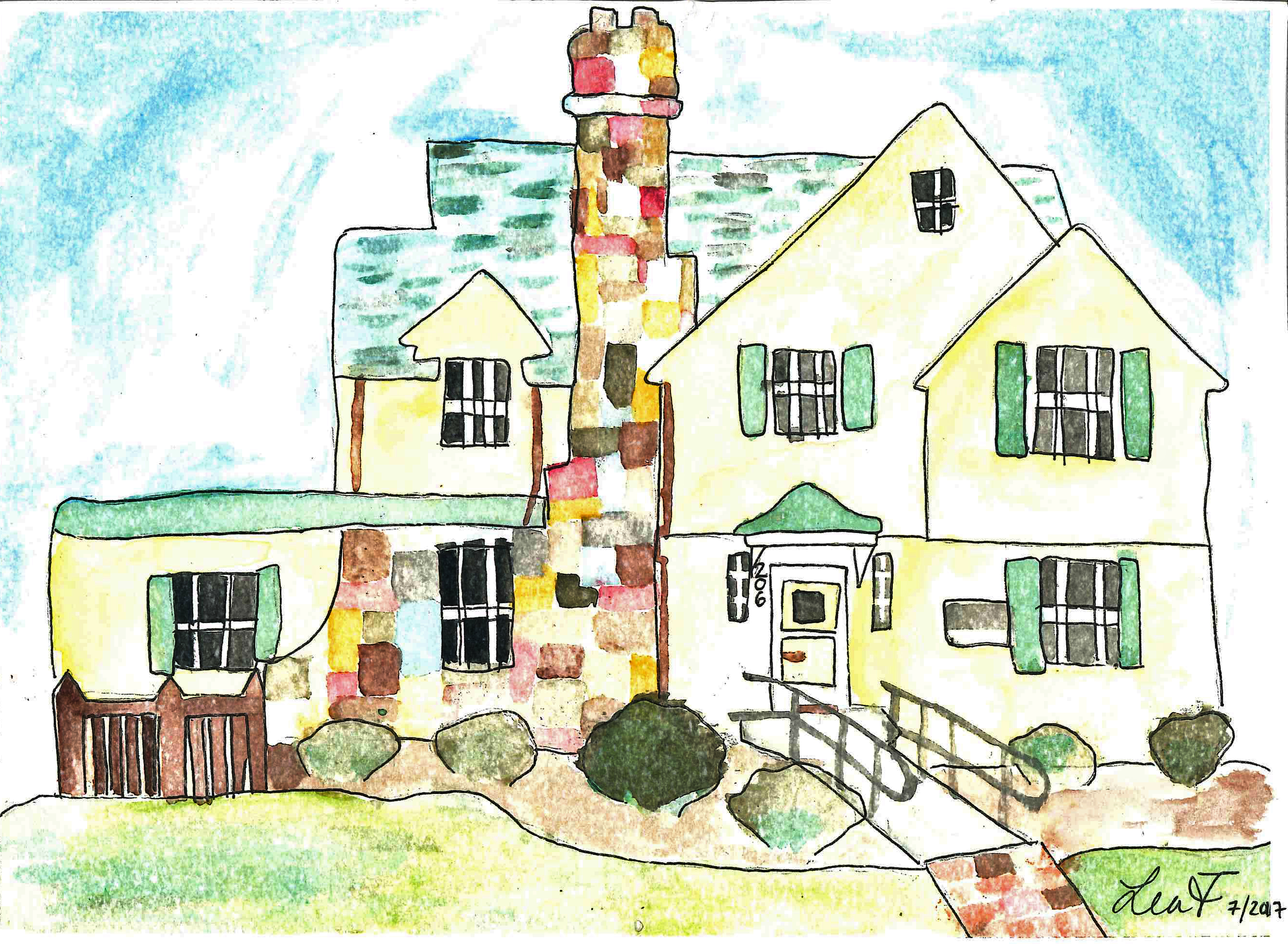 Watercolor painting of the Women's Center's yellow house