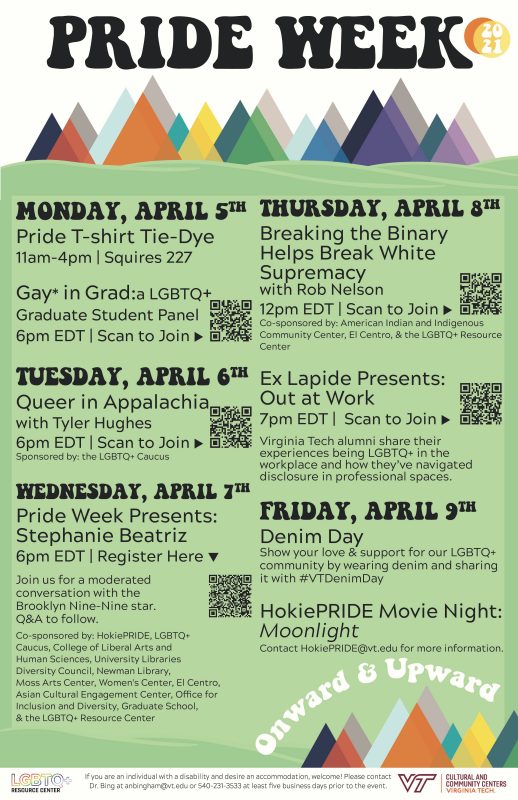 Calendar of events for Pride Week 2021 at Virginia Tech. 